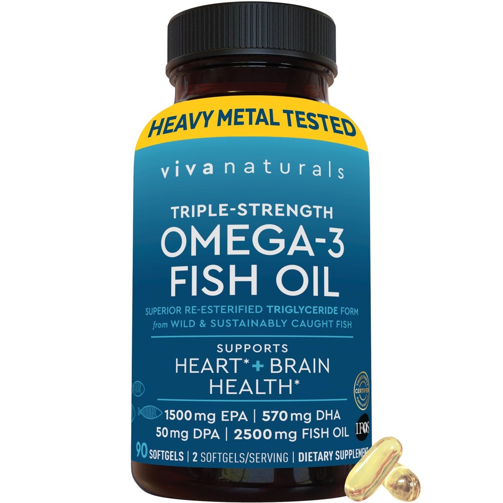 Viva Triple Power Omega 3 Fish Oil Pills - 2500 mg Highence Formula-Potmula dengan 2250 mg Omega 3 Acids Fatty (termasuk EPA, DHA, DPA) dalam bentuk RTG untuk Absorpsi - IFOS Disertifikasi, 90 Softgels