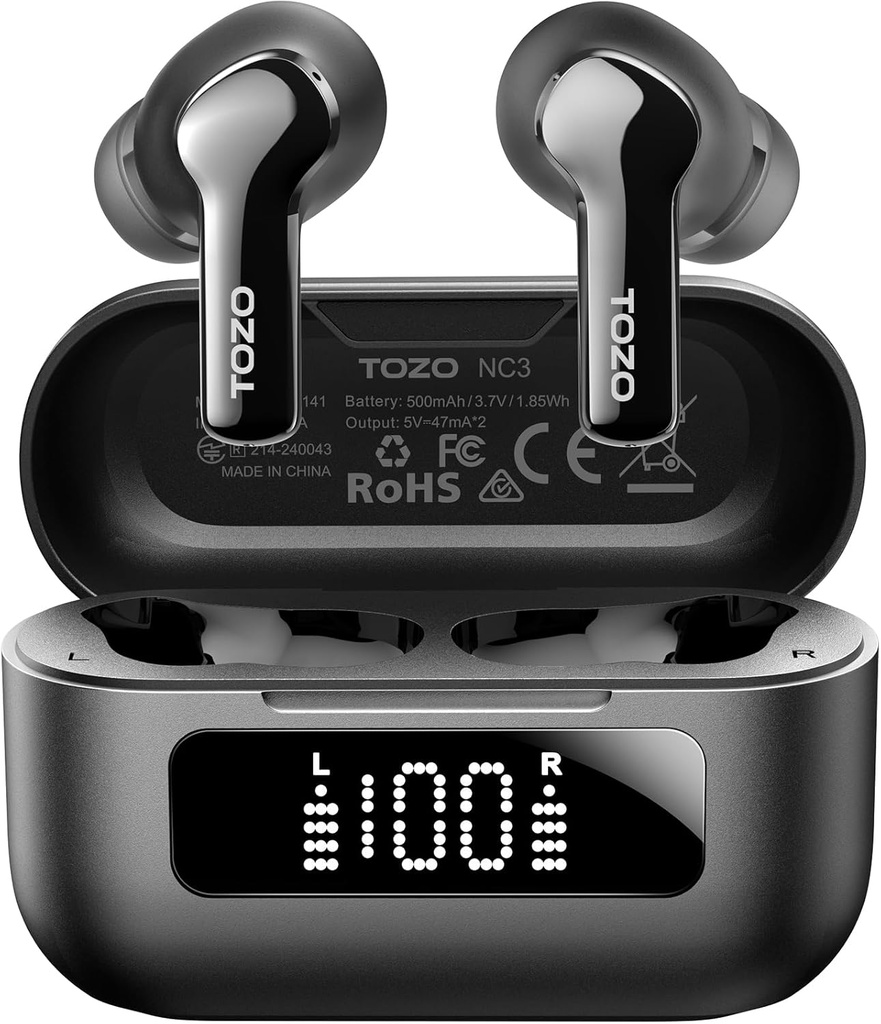 TOZO NC3 Hybrid Aktif Noise Cancelling Earbuds dengan 6 Mics Al Clear Call Ear Buds 55H Playtime dengan LED Tampilan 32 Preset EQs melalui APP Bluetooth 5.3 IPX8 Waterphone di Ear
