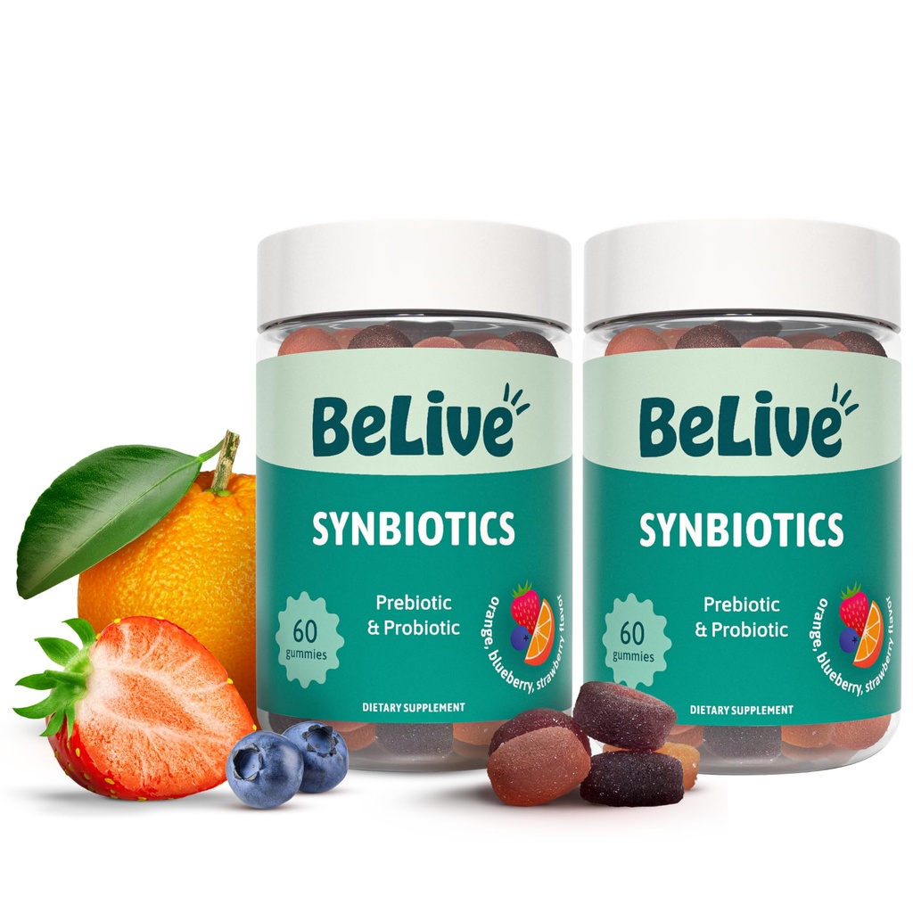 BeLive Syndones - Probiotic & Prebiotic Fiber Gummies - High Strength Inulin (3g), Dietary Fiber Supplemen, Digetical Support for Children & Dewasa - Strawberry, Lemon, Blueberry Flavor 124- Pack
