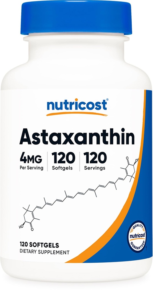 Nutricost Astaxanthin 4mg, Gluten Free and Non- GMO, 120 Softgels (Persediaan Bulan 4)