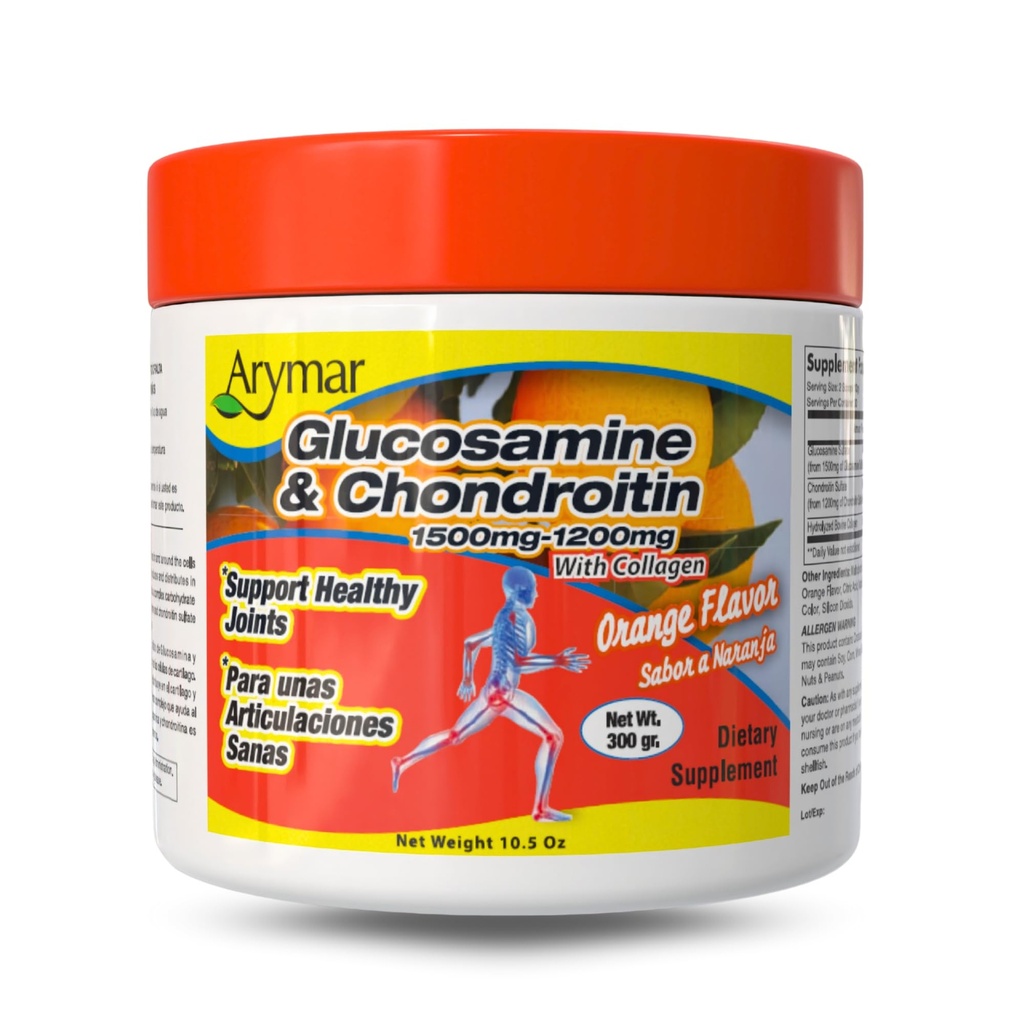 Arymar Glucosamine 1500 mg + Chondroitin 1200 mg dengan Collagen - Orange - Flavored Gabungan Health Powder, 300 g