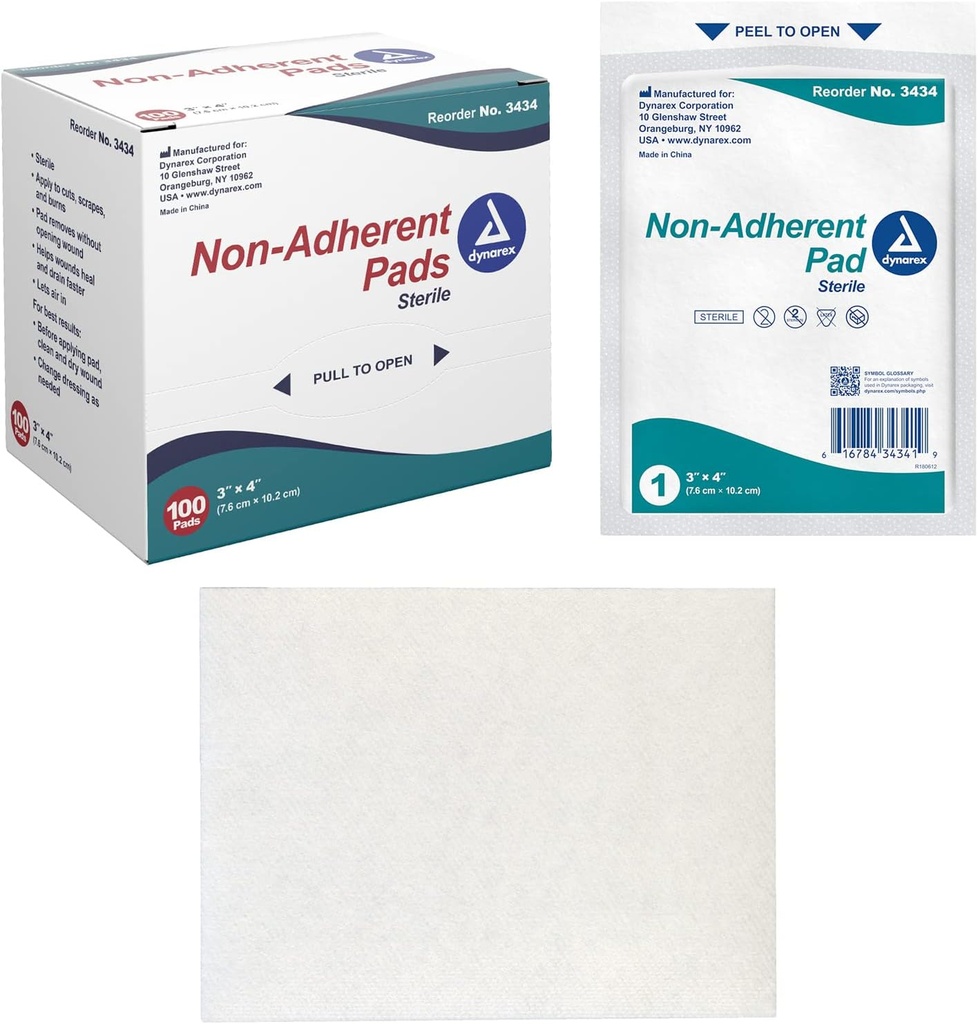 Dynarex Non-Adherent Pads- Sterile, Individually Packaged, Non- Stick Wound and Burn Care, Soft & Aly Absorbend, 3 "x 4", 1 Box of 100 Non-Adherent Pads- Sterile