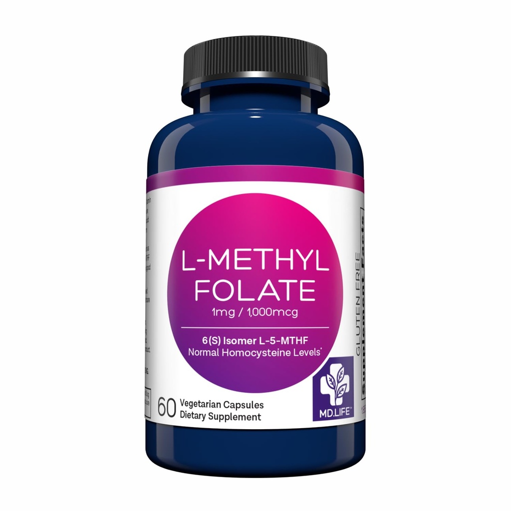 MD Life L Methylfolat 1mg - Profesional- Metode Aktif Tingkat Tambahan - Maksimum Potensi MTHFR Suplemen - L methylfolat 1mg 60 Capsules - Escular Acids