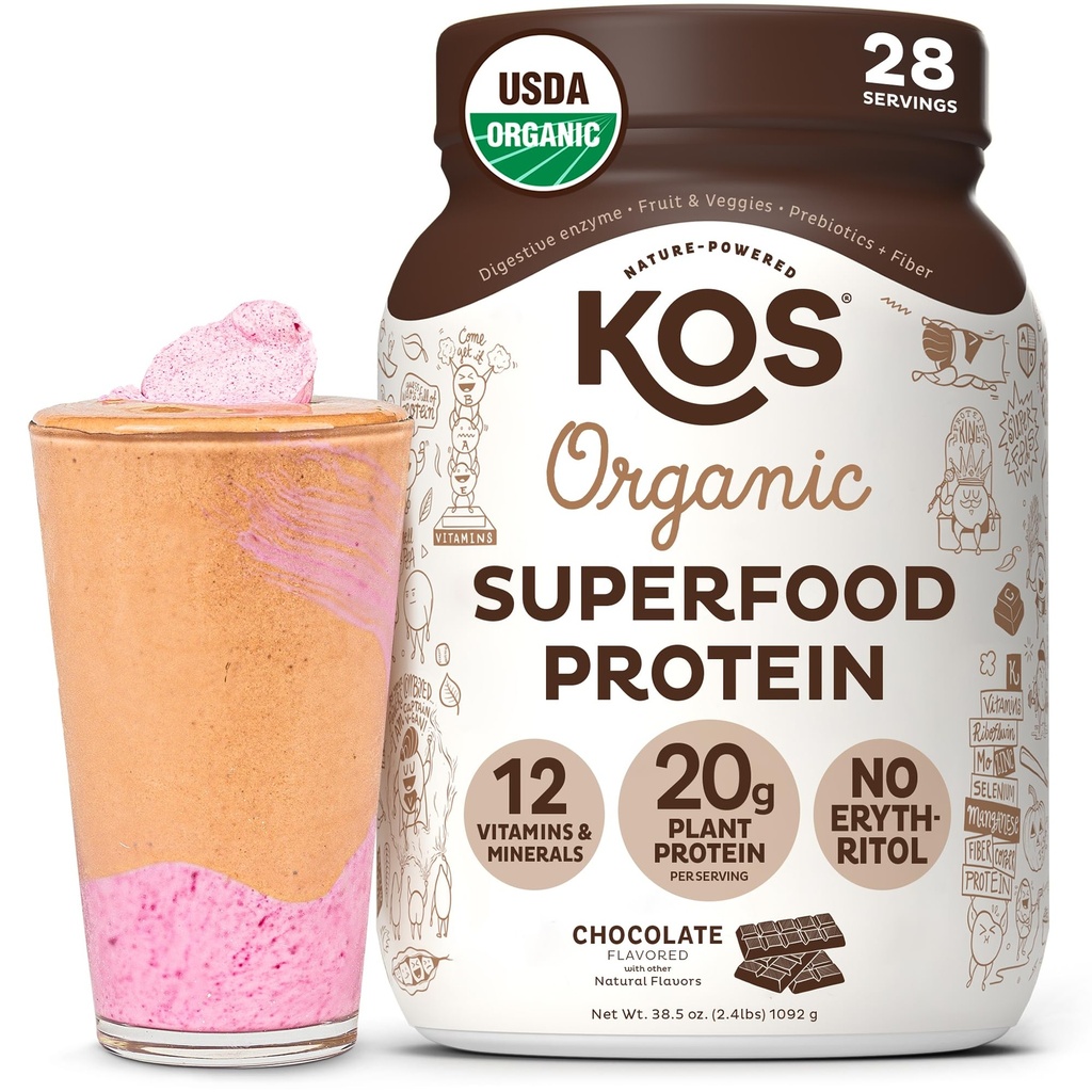KOS Vegan Powder Erythritol Free, Chocolate - Organic Pea Protein Blend, Plant Based Superfood Rich di Vitamin & Minamins - Keto, Dairy Free - Meal Replacement for Women & Men, 28 Servis
