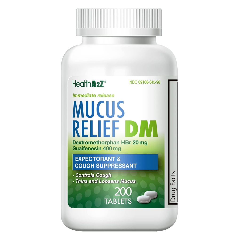 HealtA2Z £Mucus Relief DM = 124; Dextromethorphan HBr 20mg 124; Guaimfenesin 400mg; Cough, Rilis langsung, Uncoated (200 Count (Pak 1)