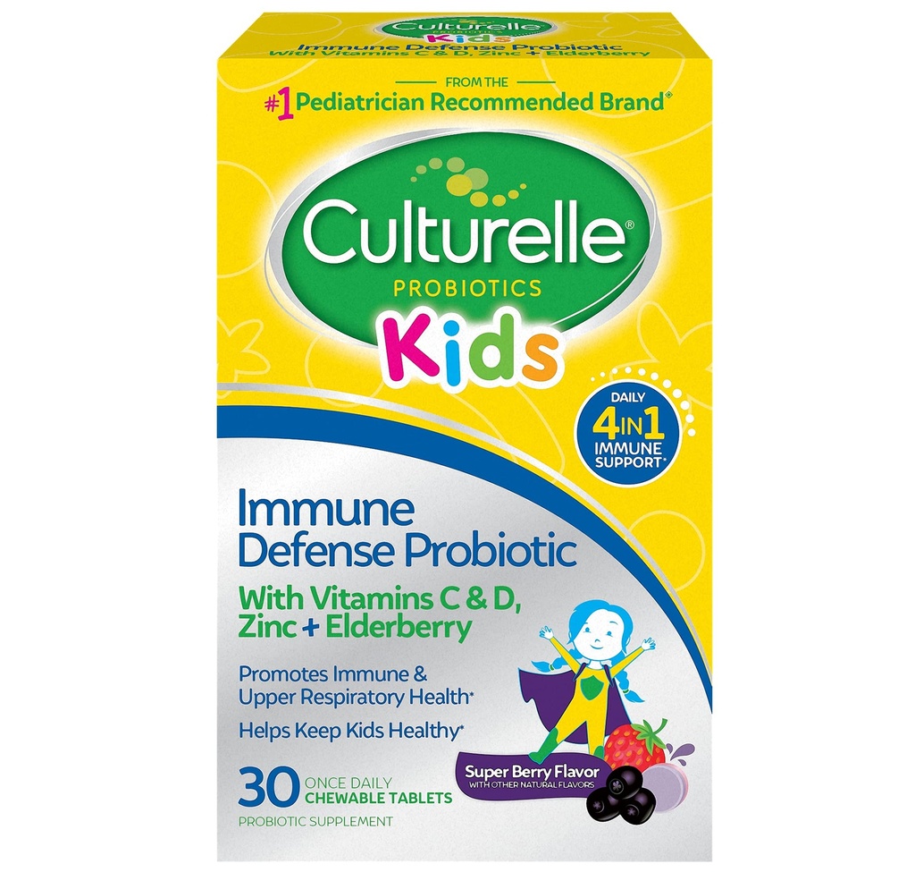 Culturelle Defense Probiotic with Vitamin C, Vitamin D and Zinc + Elderberry, Non-GMO, 4-in- 1 Ammune Dukung untuk Anak-anak 3 + *, Campuran Berry Chewables, 30 Count