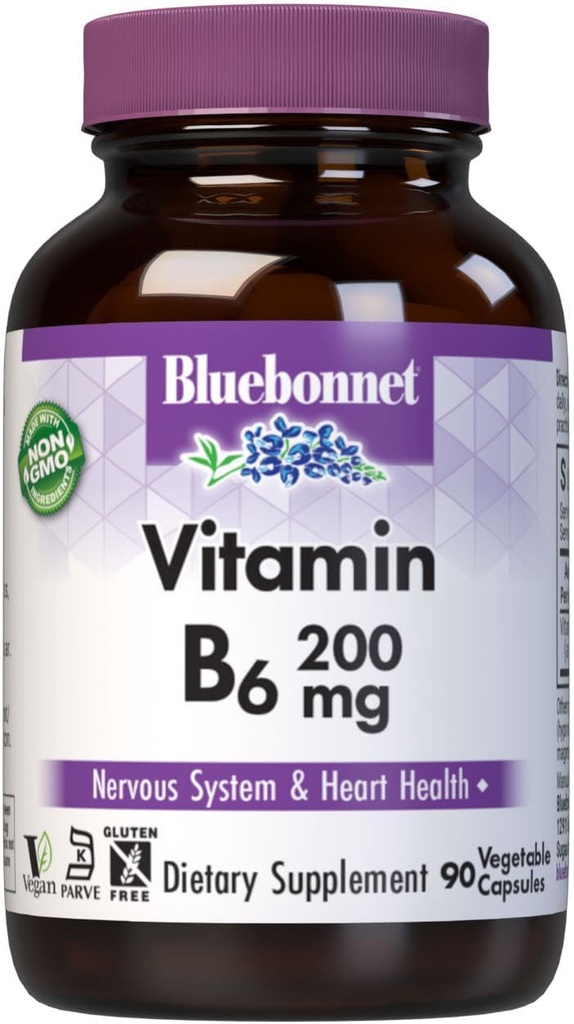 Bluebonnet Nutrition Vitamin B6 Vegetable Capsules, 200 mg, For Cardiovaskular and Nervous System Health, Soy Free, Gluten Free, Kosher, Dairy Free, Vegan, Non-GMO, 90 Vegetable Capsules, 90 Servis