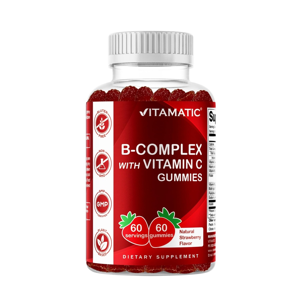 Vitamin Vitamin B Kompleks Gummies dengan Vitamin C & Inositol - Natural Strawberry Flavor - 60 Gummies (1 Botol)