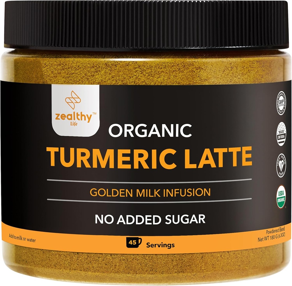 Bubuk Latte Organik - USDA Disertifikasi, Tidak Ditambahkan Gula Turmeric Suplemen dengan Cinnamon Ceylon, Hidup Zealthy, 45 Hamba