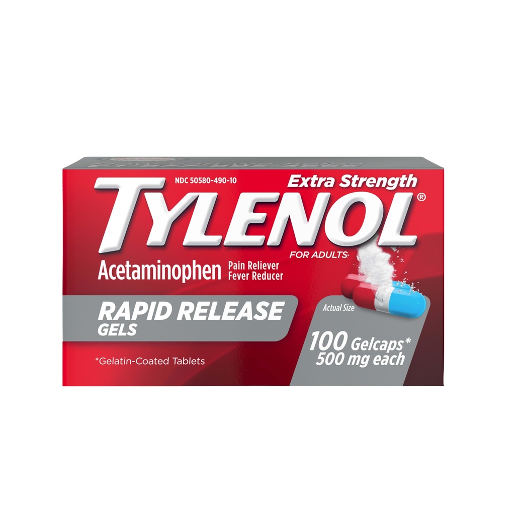 Tylenol Extra Strength Acetaminopenhen Rapid Gels, Pain Reliever & Fever Reducer, Gelcaps with Laser- Driled Holes for Fast Relove, Gentle on Attach, 500 mg Per Gelcap, 100 Count OTC Medicine