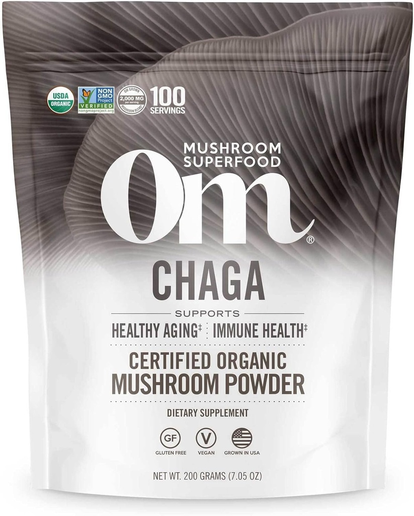 OM MUSHROOM SUPERFOOD Chaga Organic Mushroom Powder, 7.05 Ounce Pouch, 100 Pelayan, US Grown, Antiokhants Suci & Imune Dukungan, Superfood Mushroom Suplemen