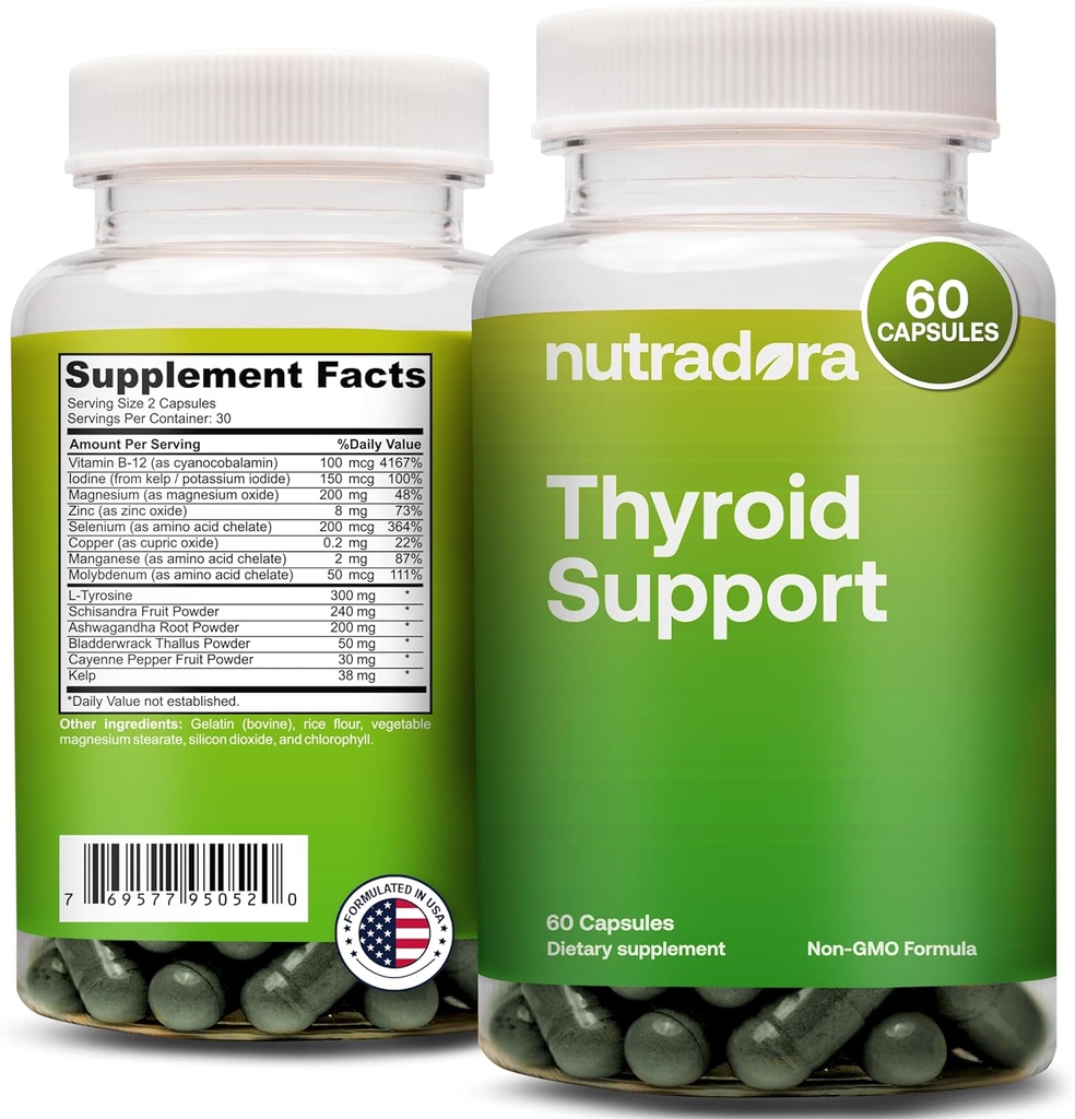 Dukungan Thyroid untuk Perempuan dan Pria - Thyroid Tambahan dengan Iodin, Vitamin B12, Ashwagandha, Selenium dan Zinc Suplemen, GMP Bersertifikat, Formulasi di AS, 60 Kapsul (Paket 1)
