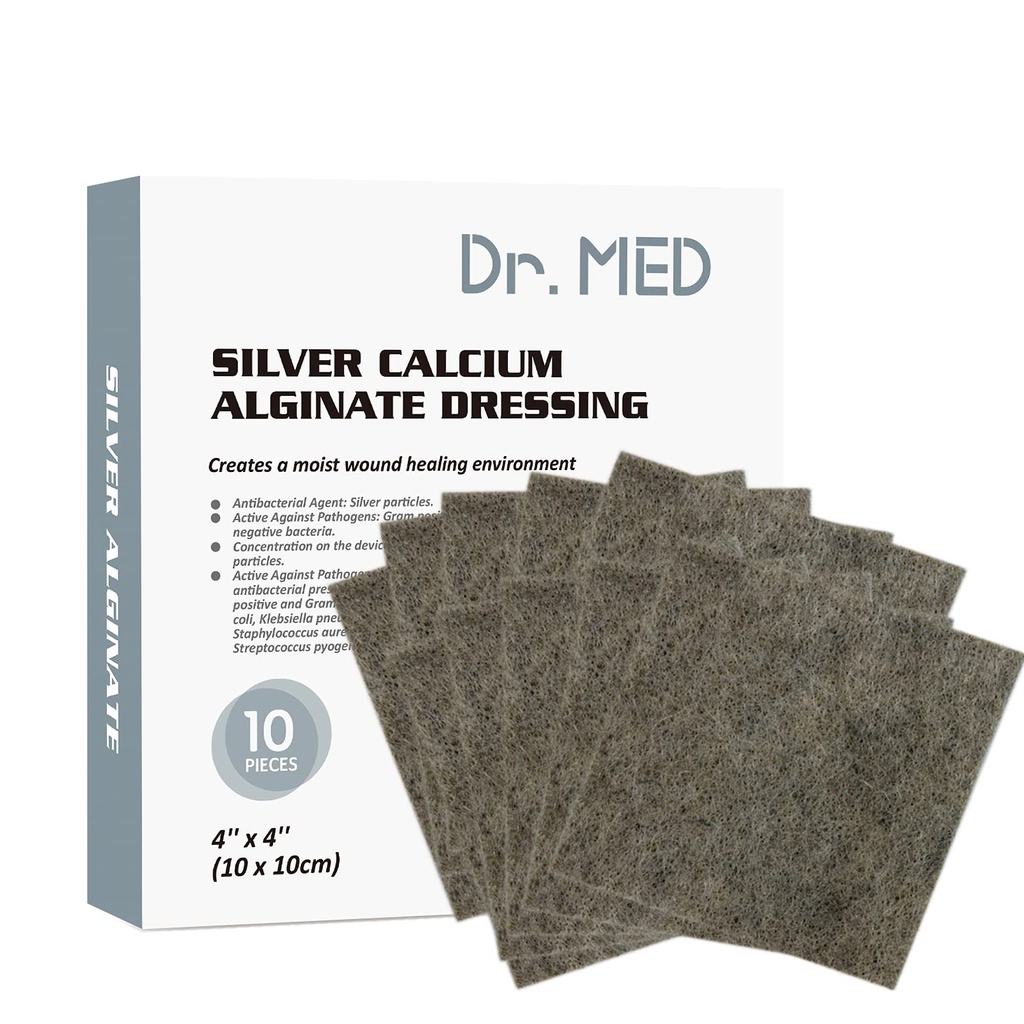 Dr. Med Silver Calcium Alginate Wound Dressing 4 "x4" Patch, 10 Individual Pack High Absorbency Ag Alginate Wound Bandage, Non-Adhesive, Removal Gauze tanpa rasa sakit untuk Bedsore, Ulcers, Skin Abrasions