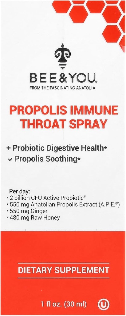 Bee and You Propolis and Probiotic Throat Spray with Ginger, Imune Support, Digetical Health, Antioksidants, Keto, Paleo, Gluten- Free, 1 Fl oz