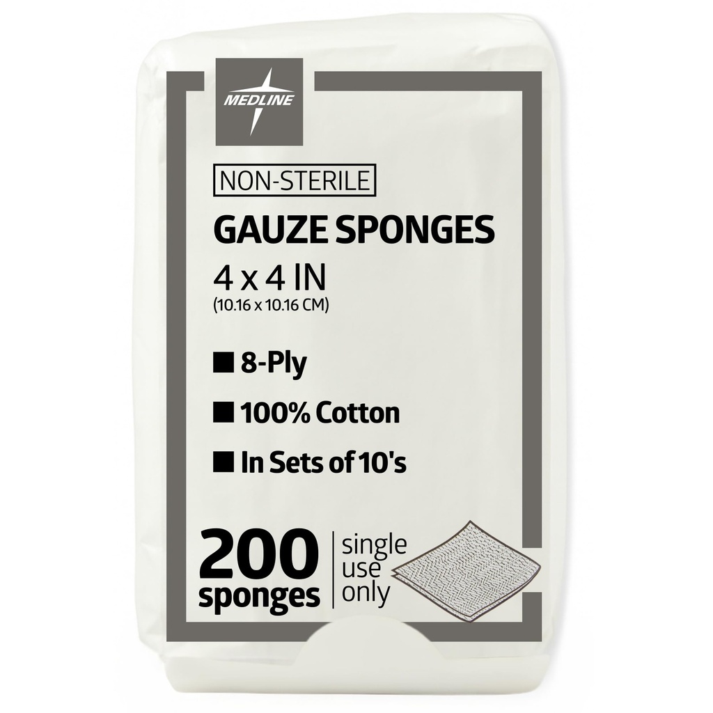 Medline 4 x 4 Inch Gauze Sponges, Non- Sterile 8-Ply Woven Gauze, 100% Cotton, Ideal untuk Wound Dressing, Wound Care, General First Aid Use, Pack 200