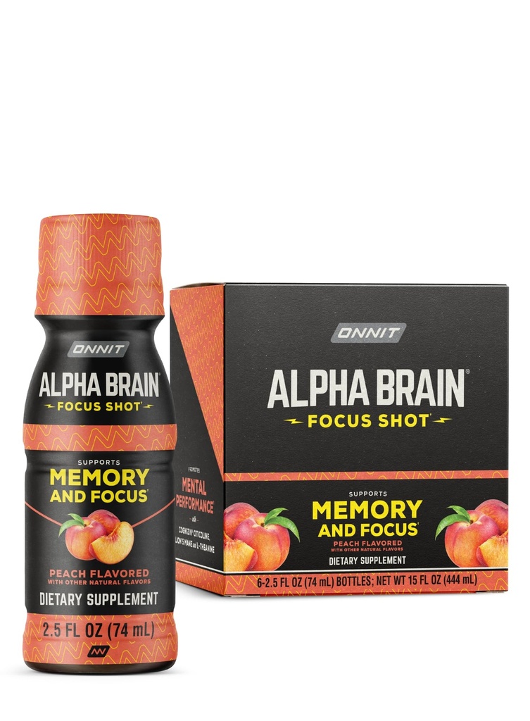 ONNIT Alpha Brain Focus Shot, Peach Flavor, Nootropic Dietary Drink That Supports Energy, Focus, and Mood, IGEN ™ NON-GMO Tested, 2.5 lf oz, 6 Count