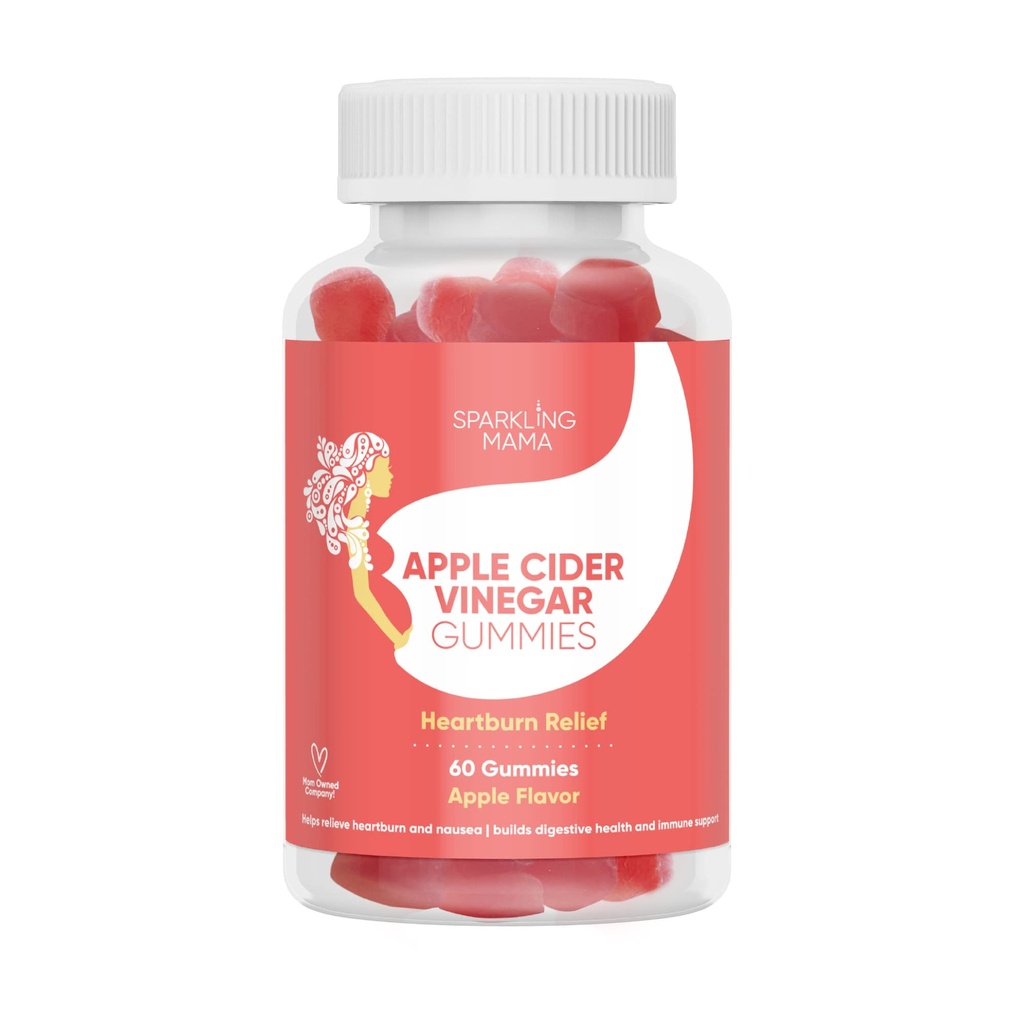 Sparkling Mama Apple Cider Vinegar Gummies = 124; Apple Flavor, (Relief Heartburn + Morning Nickness, Muscle Cramps), 60 Gummies (2- Pack)