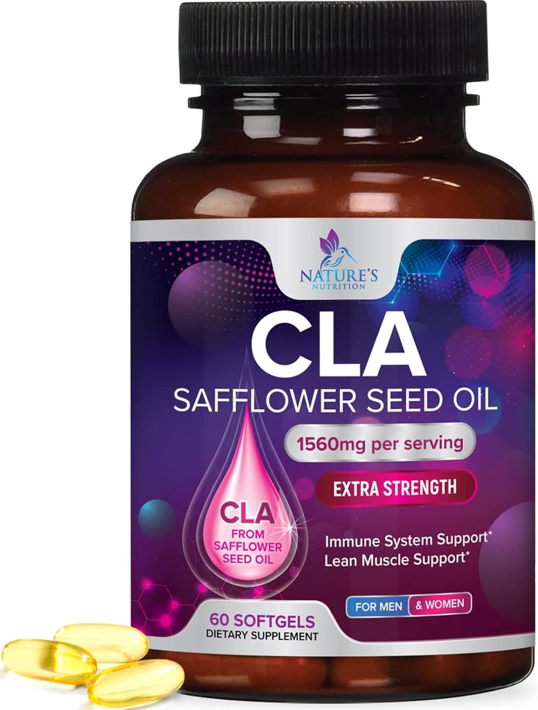 CLA Suplemen, Mengandung Linoleic Acid 1560mg - Tambahan CLA Ekstra - Dukung Komposisi Tubuh, Lean Muscle Tone, & Energy - Kasules Safflower, Gluten Bebas, Non-GMO - 60 Softgels
