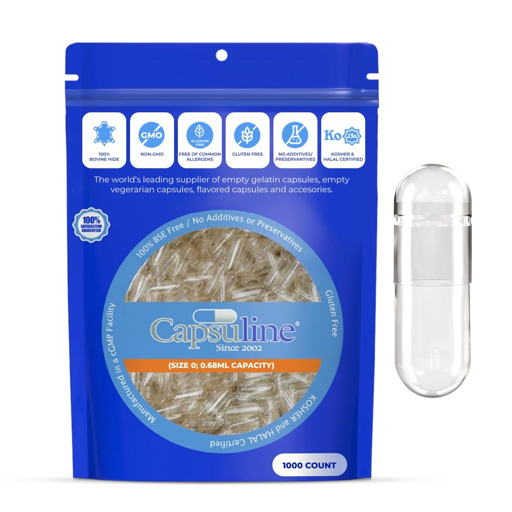 Capsuline Ukuran 0 Kosong Grantin Capsules, Hapus - 1000 Cacah 124; Gluten Bebas, Kosher, Non-GMO Disertifikasi 124; Pure Bovine Pill Caps untuk DiY Tambahan - 1000