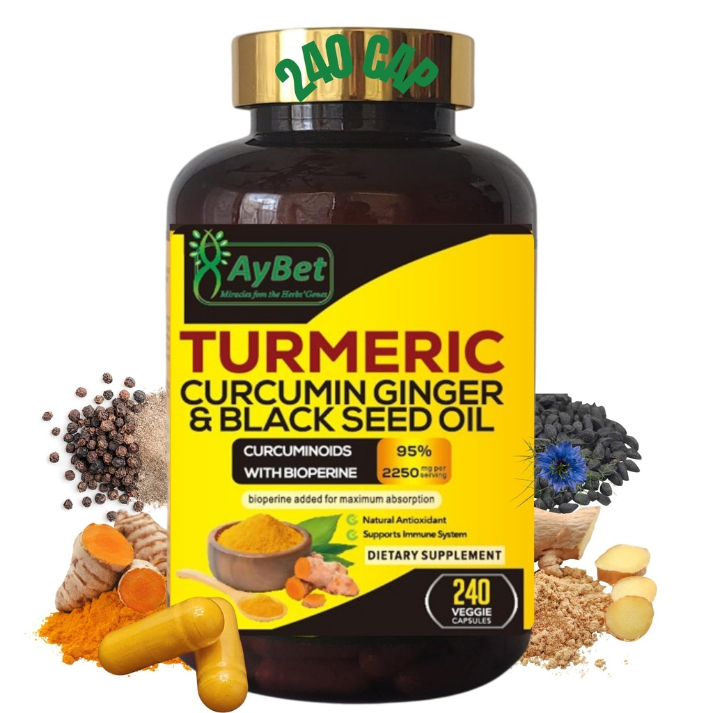 Dunia 120mg Curcumeric Curcumin Ginger & Black Seed Oil, 2250mg, 95% Curcuminoid, BioPerin Ditambahkan, Kekuatan Ekstra, Organik, Halal, Vegan, Dukungan Sistem Imune, Antioksidant, Dukungan Gabungan