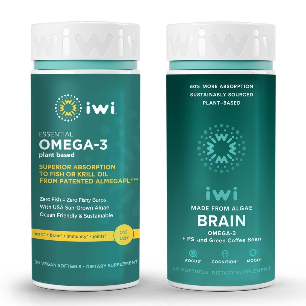 Iwi Omega-3 Escally & Brain Omega-3 Bundle, 30 hamba, Vegan Plant-Based Algae Omega 3 dengan EPA + DHA, Krill & Fish Oil Alternative, No Fishy Aftertaste