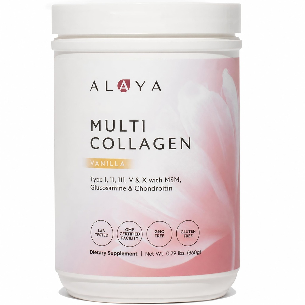 Alaya Multi Collagen Powder - Tipe I, II, III, V, X Hydrolyzed Collagen Peptides Protein Suplemen dengan MSM + GC (Vanilla)
