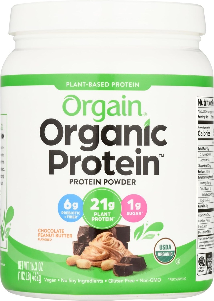 Orgain Vegan Powder, Chocolate Peanut Butter - 21g of Plant Based Protein, Low Net Carbs, Non Dairy, Gluten Free, Laktosa Free, No Sugar Added, Soy Free, Kosher, 1.02 Pound