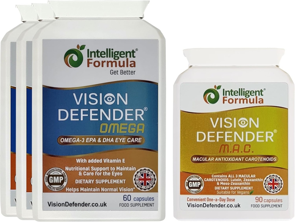 Vision Defender MAC & Omega Everyday General Eye- Health Bundle (90 Days Supply). Tambahan Vitamin Eye (DHA, EPA). Dibuat di Inggris oleh Spesialis Mata