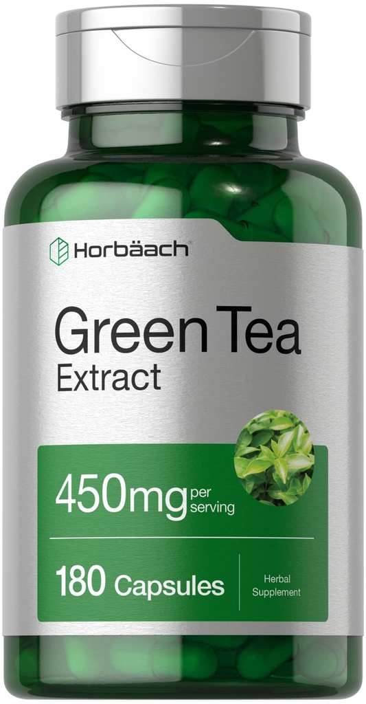 Horbäach Green Tea Extract Capsules 450mg 124; 180 Count 124; Herbal Suplemen 12.4; Non-GMO dan Gluten Bebas
