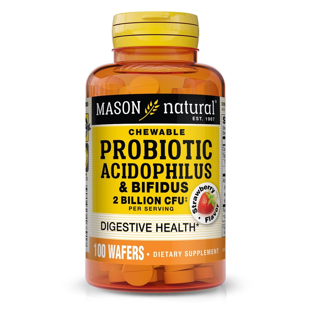 Mason Probiotic Acidophilus Natural dengan Bifidus, 50 Hari Suppply, Menyediakan Lembab Normal Sehat, Strawberry Flavor, 100 Waffer Chewable