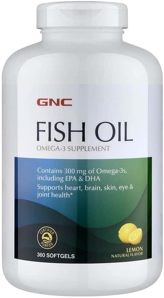 Tambahan GNC Fish Oil Omega 3, 300mg EPA dan DHA, Lemon Flavor, Support Heart, Brain, Skin, Eye and Joint Health, 360 Softgels, 360 Servings