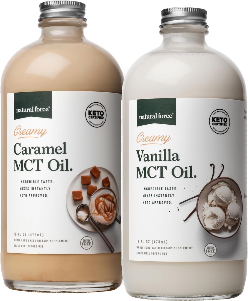 Natural Force Creamy Vanilla + Creame Caramel MCT Oil Bundle - Gluten- Free, Non GMO, Diemulsified Flavored MCTs from Organic Coconuts - Keto, Paleo, and Vegan - 2x 16 Ounce Glass Bottles