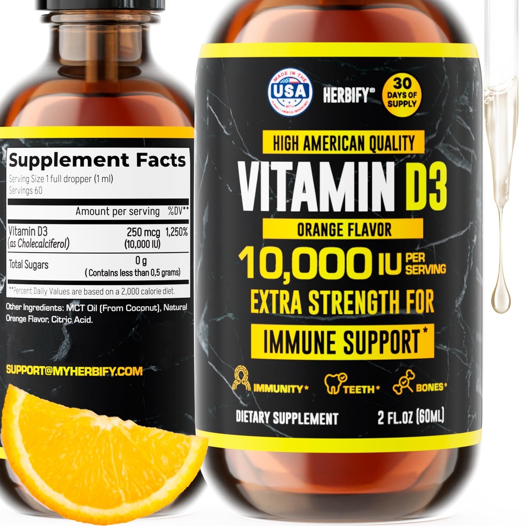 HERBIFY Vitamin D3 100000 IU - Made in USA Liquid Vitamin D Drops - Bone Strength and Ammune Supplemen - Sunshine Replations - D3 Vitamin Bone and Teeth Suplemen - 2 Oz