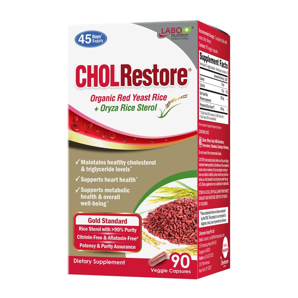 NUtrition CHOLRestore - Red Yeast Rice with Phytosterol Health Supplement, Supports Healthy Cholesterol Levels, Citrinin, Aflatoxin & Soy Free, 90 Vegetarian Capsules