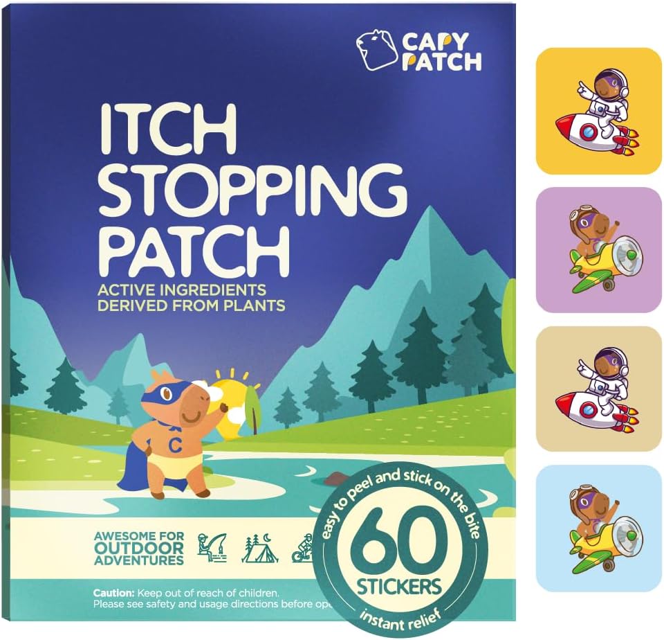 CAPY Bug Bite Itch Relief Patches for Kids - 60 Count, Travel & Camping Esentials, Hydrocortisone Alternative, Sticker Itch Relief for Mosquito & Bug Bies