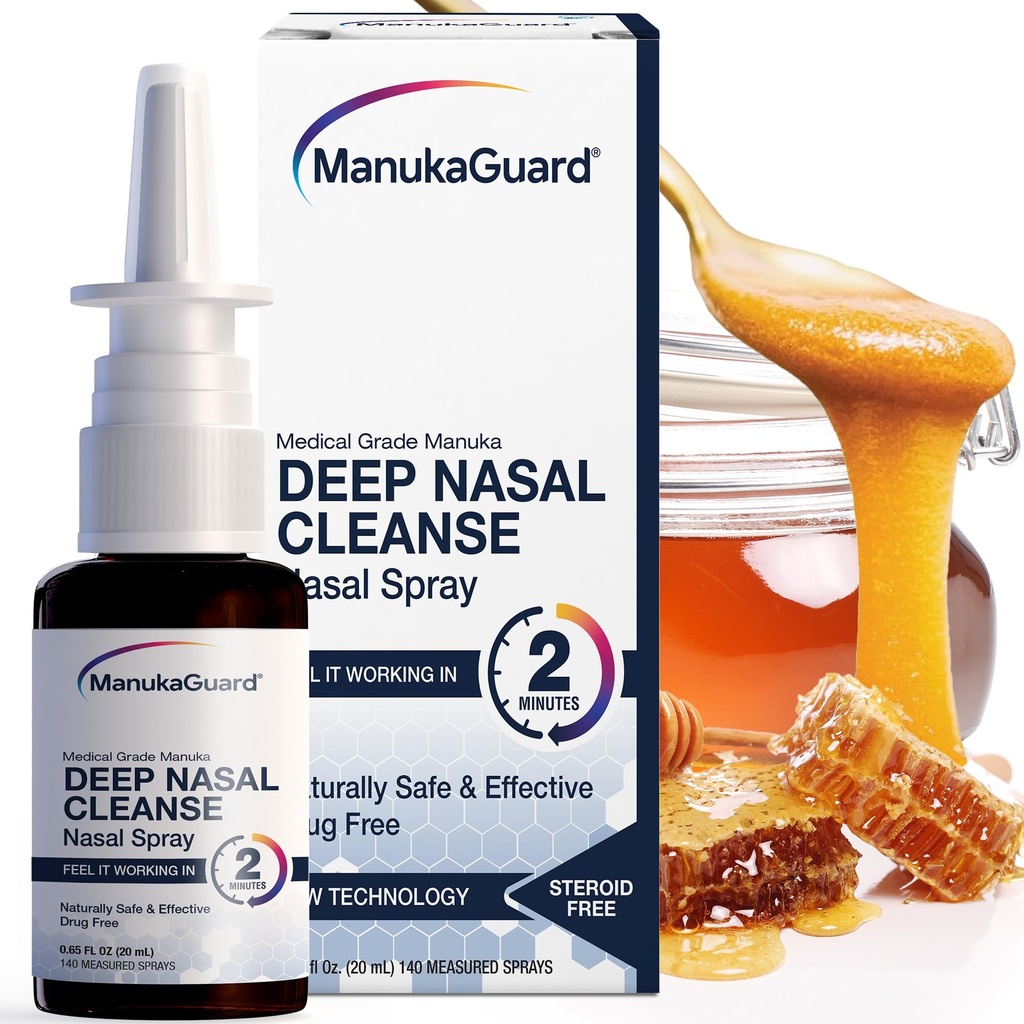 ManukaGuard kelas medis Manuka Madu Nasal Spray dengan Saline Solution untuk Dukungan kemacetan, Sinus dan Allergy Relief, Nasal Moisturizing, New Zealand Honey, MGO 600, 0.65 botol oz