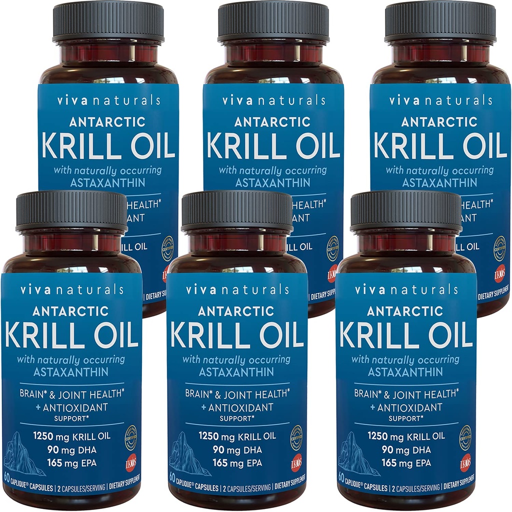 Viva Antartika Krill Oil 1250 mg, Omega 3 EPA DHA dan Astaxanthin, Dukungan Gabungan dan Tambahan Otak dengan Properti Antioksidant, Tak Ada Aftertaste (Paket 6)