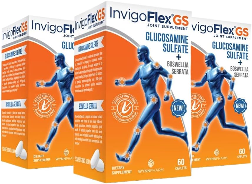 INVIGOFLEX Glucosamin Sulfate (Shellfish Free, Sodium Free & Vegetarian Safe) Non GMO, Gluten Free - with Boswellia Serrata - Premium Joint Supplemen - 3 Pack