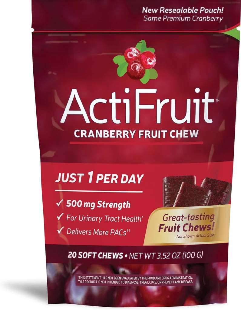 Enzimatic Therapy Actifruit Cranberry Suplement With Cran-max, 500 mg, 20 Soft Chews, Box (Pack of 2)