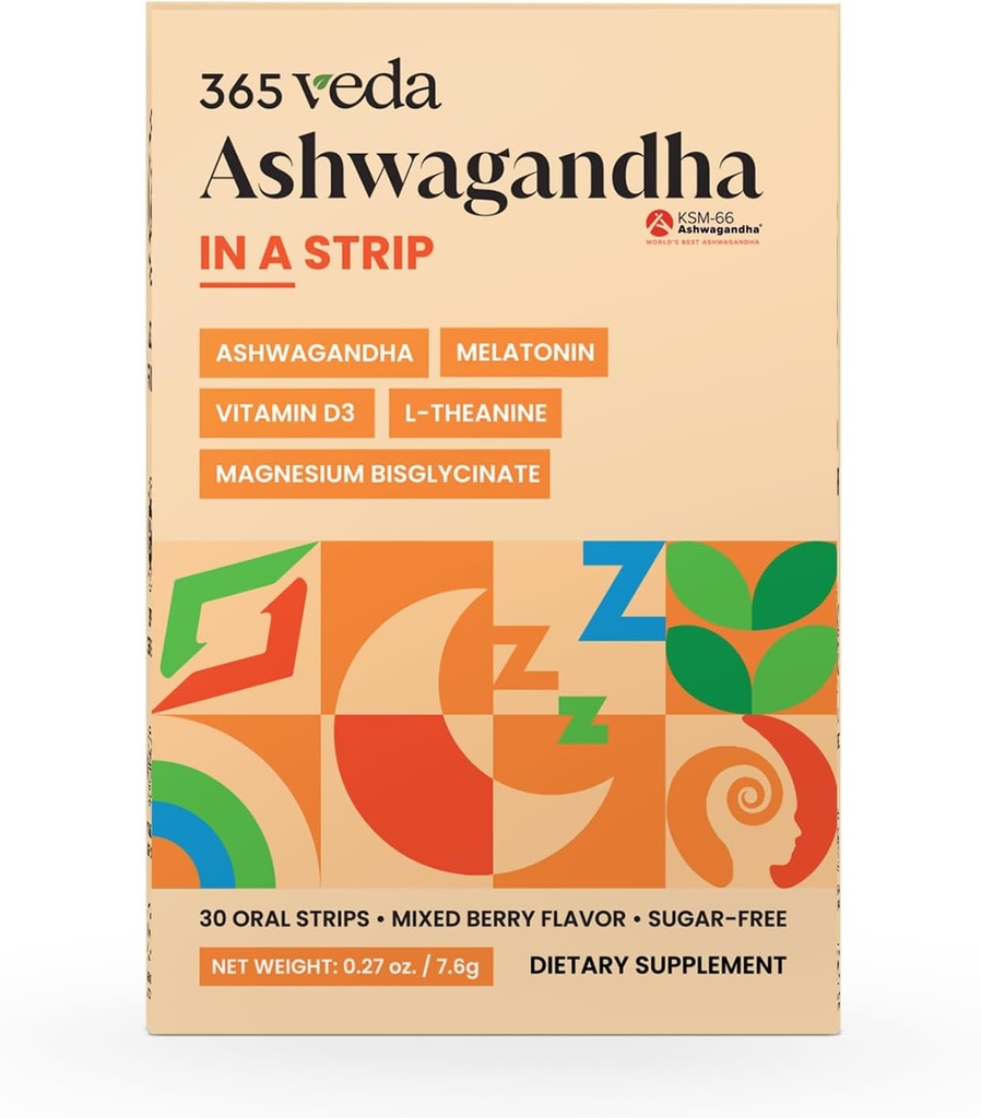 Ashwagandha Oral Strips 100 mg 66 Ashwagandha, L- Theanine, Melonatin, Vitamin D3 dan Magnesium, Vegan Strip for Men and Women, Sugar- Free, Non-GMO, 30 Oral Strips (Berry)