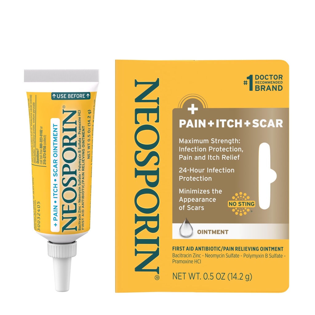 Neosporin Antibiotic Paindgeing, Anti- Itch, & Scar Appareness Minemizer Octures with Neomycin & Bacitrasin Zinc, 24- Hour Infeksi Protection for Minor Cuts, Scrapes & Burns, .5 oz