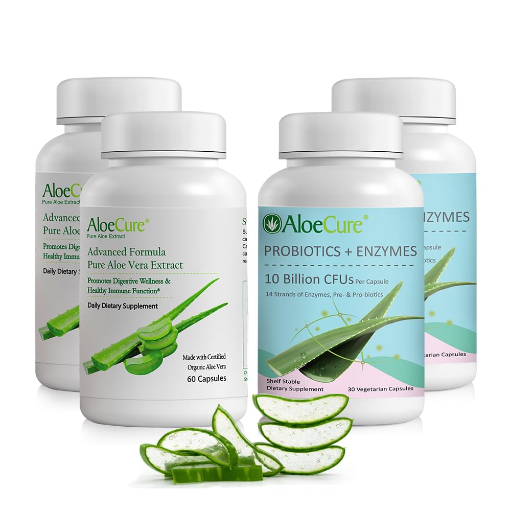 AloCure Organic Aloe Vera Capsules Pack - 4 Pieces - 2 x Aloe Vera Capsules, 2 x Propoles + Enzymes