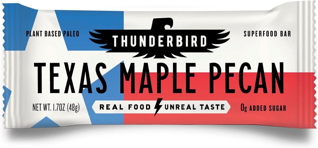 Thunderbird Energy Snack, Gluten- Free with Protein, Healthy Real Food, Vegan Paleo Non-GMO, No Added Sugar, Texas Maple Pecan Flavor (12 Count, 1.7 oz. Bar)