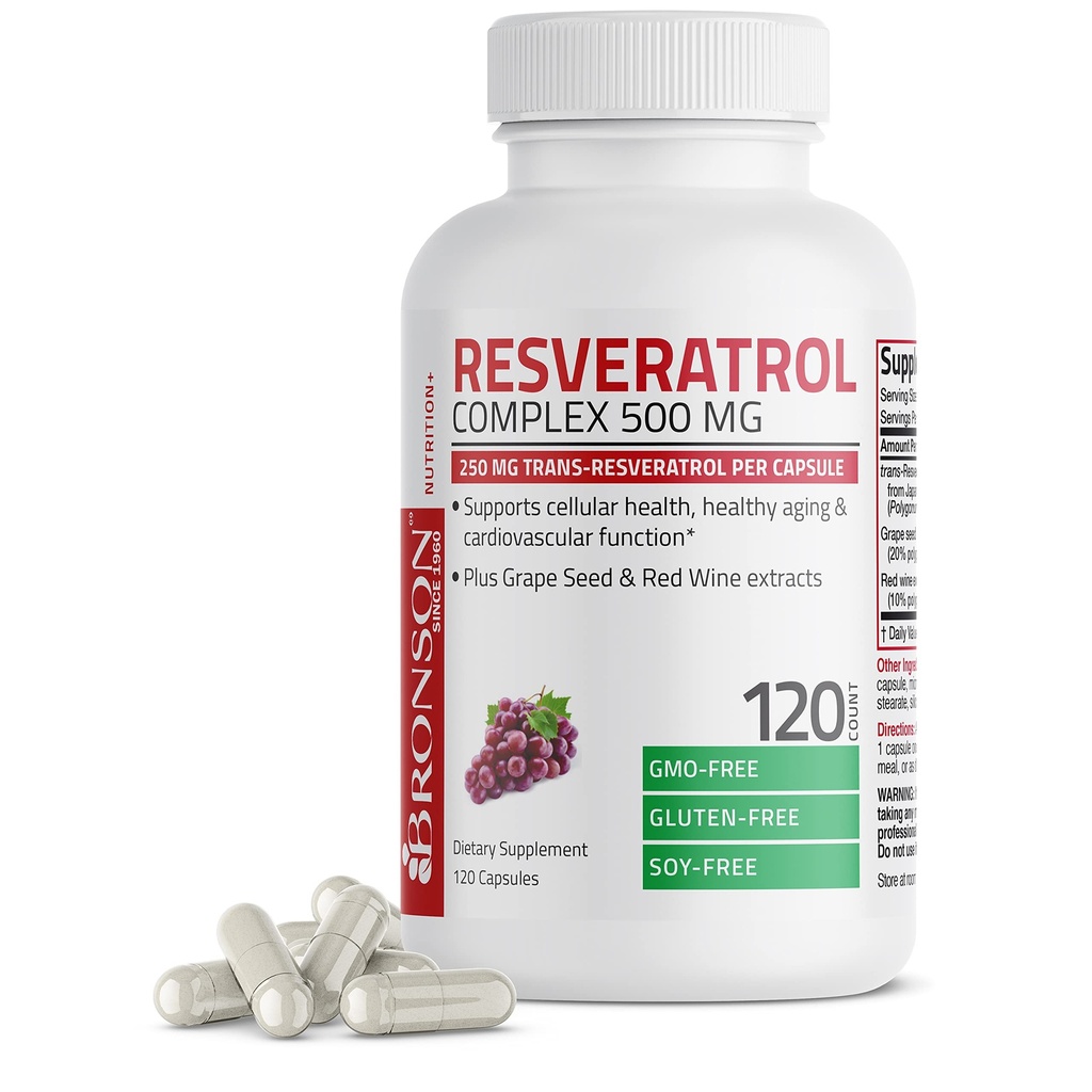 Bronson Resveratrol 500 Kompleks Standardisasi Transder-Resveratrol + Grape Benih & Red Extract, 120 Capsules