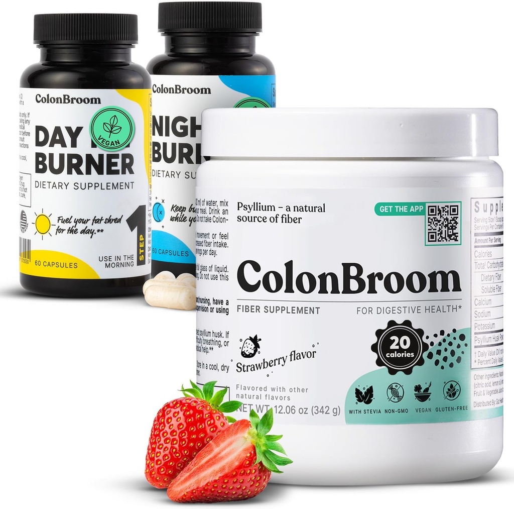 ColonBroom Psyllium Husk Powder, Colon Broom Colon Cleanser Fiber Supplement for Bloating Relief & Gut Health + Day & Night Burner Suplemen Wight Management