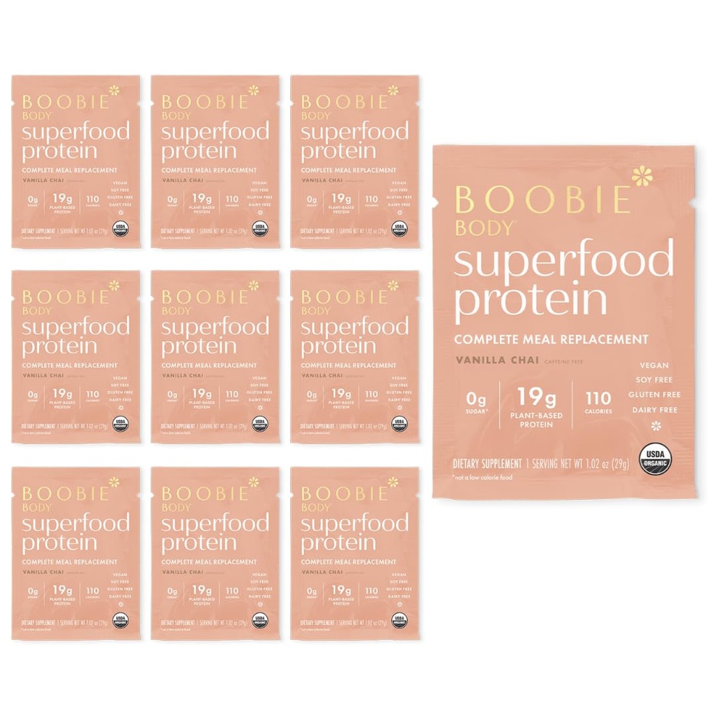 Bobbie Body Superfood Protein Replacement Shake, Vanilla Chai Flavor 124; 19g Protein 14; Safe For Pregnancy, Lactation, & Motherhood 124; Organik, Vegan, Zero Sugar, 10 Single Serve Packet (1.02 oz masing-masing)