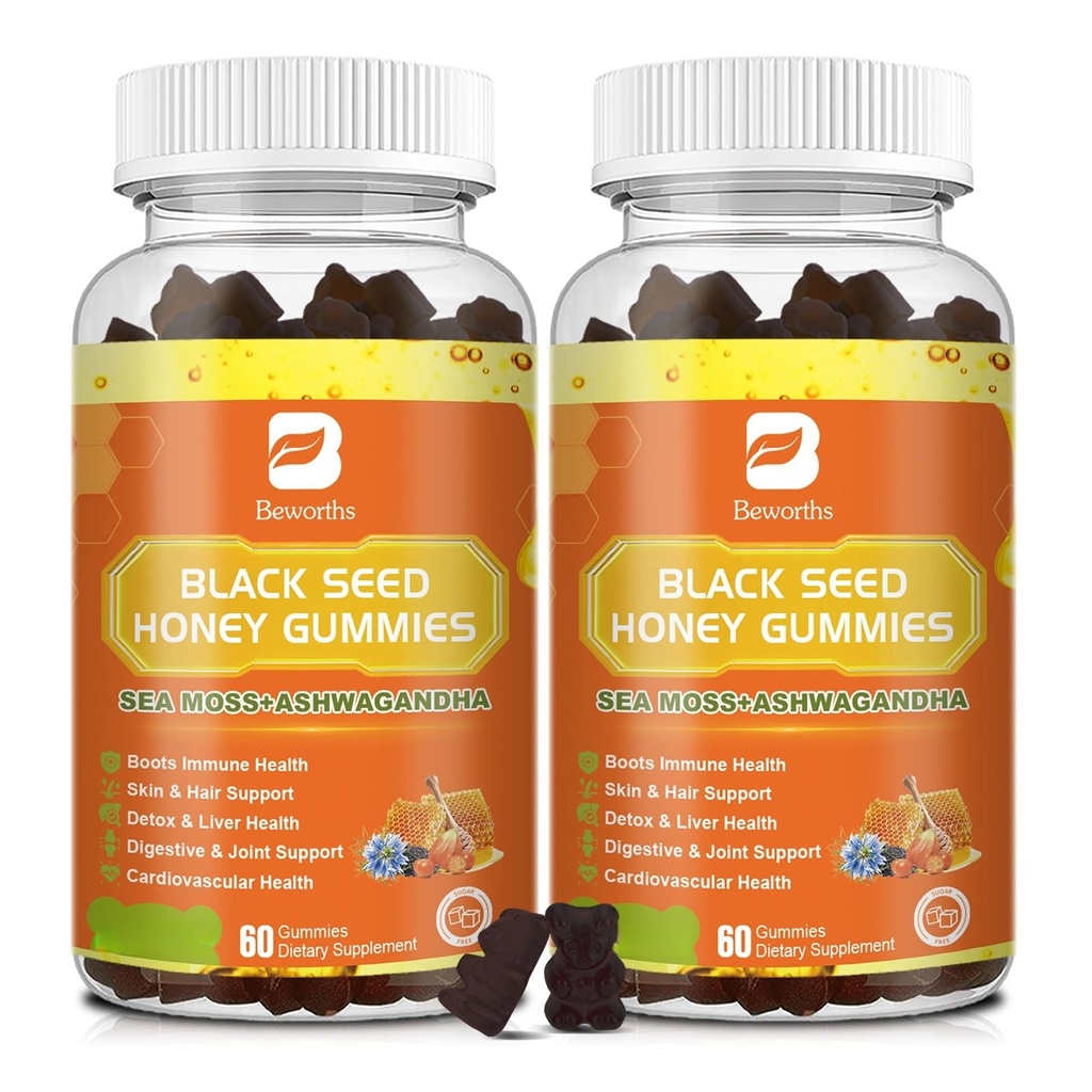 (2 Paket) Black Seed Oil Sea Moss Gummies with Ashwagandha, Burdock Root, Linden Honey, Elderberry, Turmeric, Vitamin C, D3 & Zinc - Menyediakan kekebalan, Joints, Dibuckle, Rambut & Skin, Vegan Gummies 120