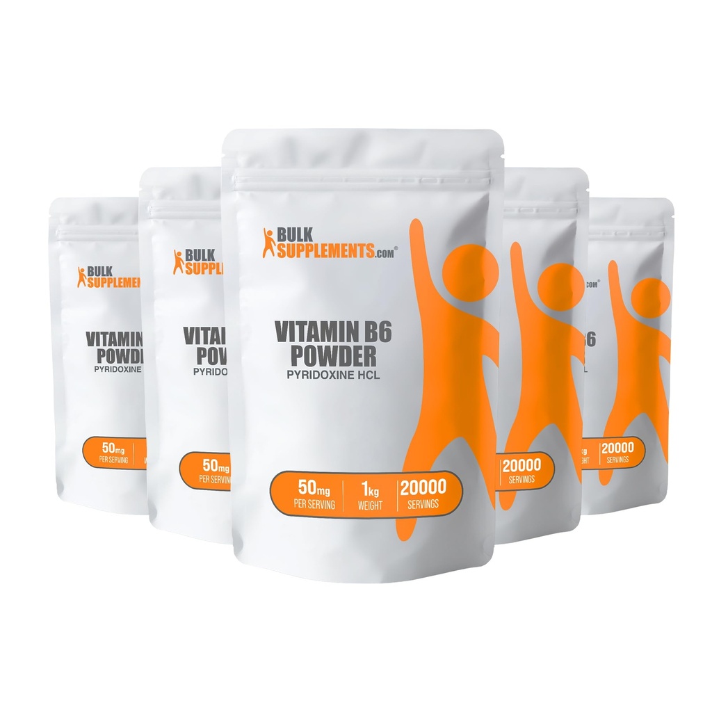 BulkSuplements.com Pyridoxine HCl Powder - Vitamin B6 Suplemen, Vitamin B6 50mg - untuk Dukungan Imune, Gluten Bebas, 50mg Pyridoxine B6 per Serving, 5kg (11 lbs) (Paket 5)