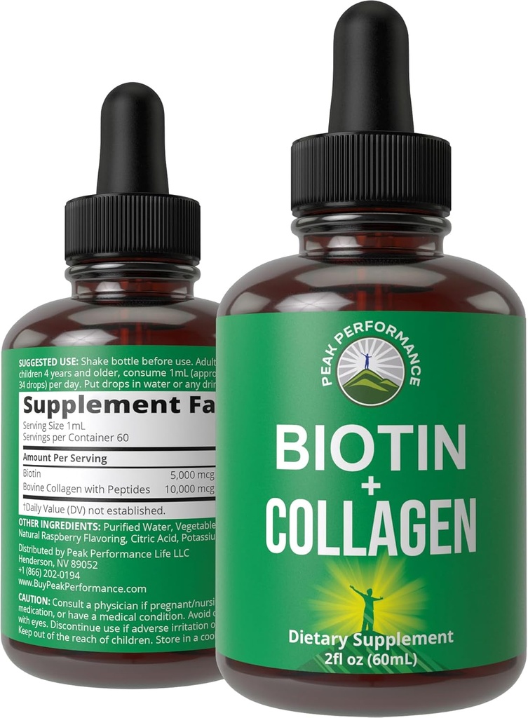 Liquid Collagen for Women and Men with Biotin. Tingkat 2-in- 1 Oral Drops untuk Pertumbuhan Rambut, Kulit, dan Kuku. 10.000 mcg Bovine Collagen Peptides + 5.000 mcg Biotin. Gluten Free, Zero Sugar Suplemen