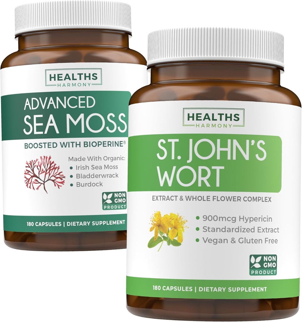 Sea Moss & St. John 's Welt (2- Month Supply) Mood Moss Blend - Organic Sea Moss - Raw Vegan Suplement (180 Caps) & St John' s Welt dengan kuat 900mcg Hypericin Vegan Non- GMO (180 Capsules)